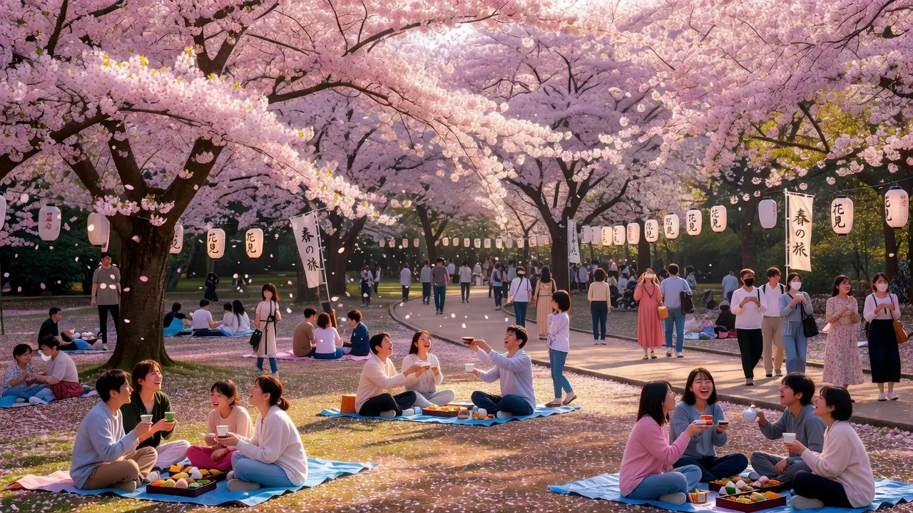 上野公園の桜並木、朝の柔らかな光が花びらを照らす