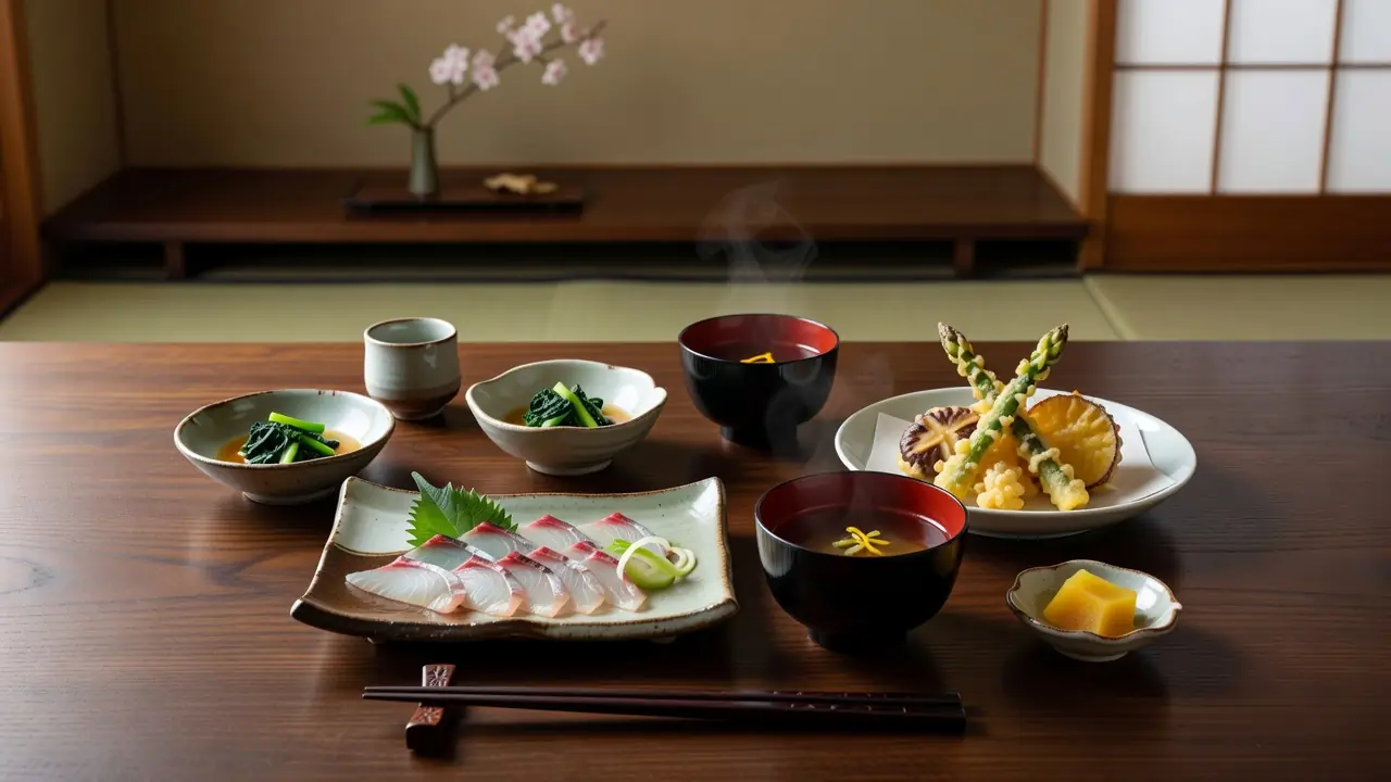 京都の料亭で供される季節の懐石料理、器と食材の調和